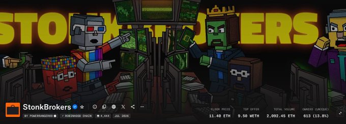The image shows the "StonkBrokers" NFT collection banner, displaying pixel-art characters as stock traders with stats like "11.40 ETH" floor price and "013 (13.8%)" owners. The artwork humorously depicts a trading floor scene, reinforcing the post's jest about NFTs making a "stonks" comeback.