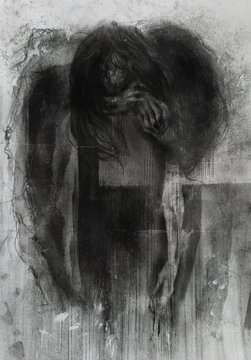 A dark, haunting black-and-white charcoal-style artwork depicting an ethereal, ghostly figure with long flowing hair and elongated limbs emerging from shadowy, textured surroundings.