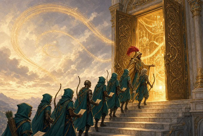 A fantasy digital illustration depicting robed figures with bows ascending stairs toward a warrior with a red plume who stands before an open ornate doorway emitting golden light.