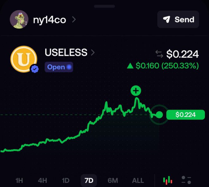 A Robinhood app screenshot showing the USELESS token at $0.224, up 250.33% ($0.160) over 7 days, with user 'ny14co' displayed at the top.