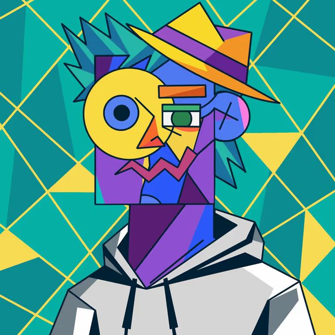A cubist-style digital portrait of a fragmented figure wearing an orange hat and gray hoodie, set against a geometric teal and yellow background.