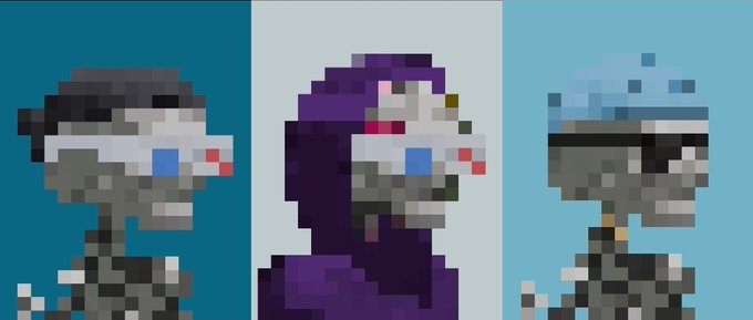 Three pixel art character portraits wearing futuristic VR-style glasses against blue-toned backgrounds.