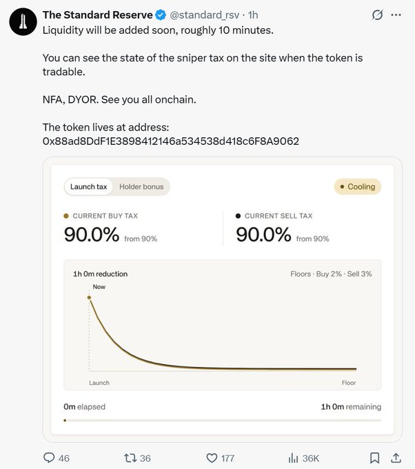 A tweet from The Standard Reserve (@standard_rsv) announces that liquidity will be added in ~10 minutes and shows a chart with a 90.0% current buy tax and 90.0% current sell tax, both decreasing from 90% over 1 hour 0m toward a floor of 2% buy / 3% sell, tied to the token address 0x88ad8Ddf1E3898412146a534538d418c6F8A9062 referenced in the caption.