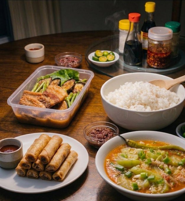 A spread of Filipino home-cooked dishes—including braised meat with vegetables, steamed white rice, lumpia (spring rolls), and a vegetable soup—takes center stage on a wooden table, complementing the post's "family day mode" sentiment of logging off social media to enjoy quality time with loved ones over a hearty shared meal.