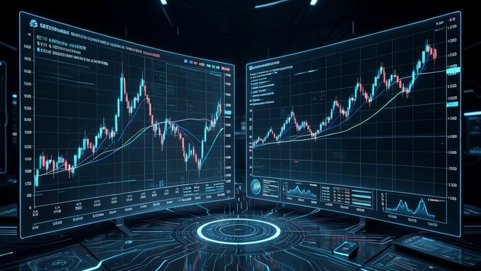 A futuristic dual-screen trading setup displays detailed candlestick charts, technical indicators, and market data in a glowing blue interface.