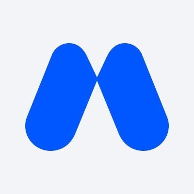 A simple logo consisting of two blue rounded shapes forming an inverted 'V' or stylized 'M' design on a white background.