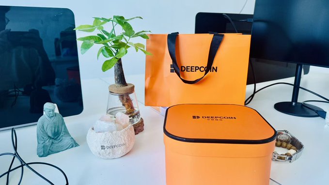 A promotional image displays an orange Deepcoin shopping bag and matching cooler box alongside a small plant, a Buddha figurine, and a stone candle holder with the Deepcoin logo.