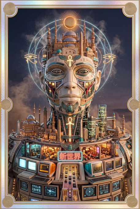 The image features a large, futuristic-looking robot with an Egyptian head that has been rendered in a 3D rendering style. The robot appears to be made of metal and glass, giving it a metallic appearance. It is situated within a cityscape filled with buildings and other structures, creating the impression of a bustling urban environment. 

The post includes a question about what one would like to see next or where they would like to go in this world. The answer provided suggests that the viewer might be interested in exploring Egypt's architecture and history further.
