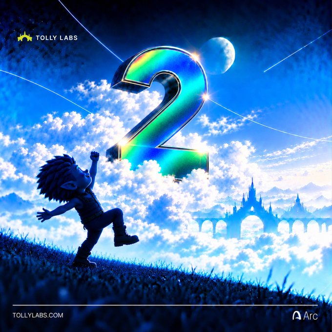 A vibrant 3D-rendered promotional image featuring a blue troll character reaching toward a giant iridescent number '2' floating in a cloudy sky, branded with 'TOLLY LABS' and 'tollylabs.com'.