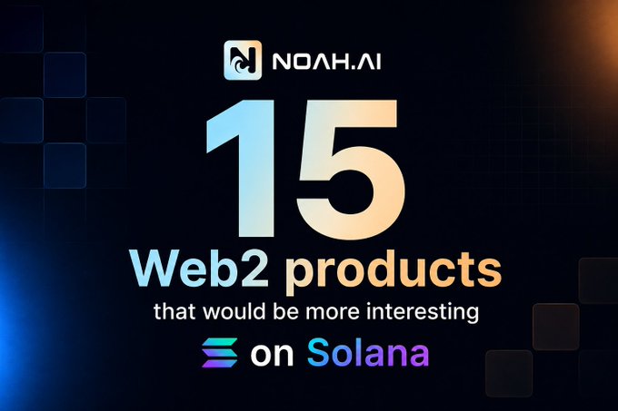 A promotional graphic from NOAH.AI titled '15 Web2 products that would be more interesting on Solana' features the Solana logo.
