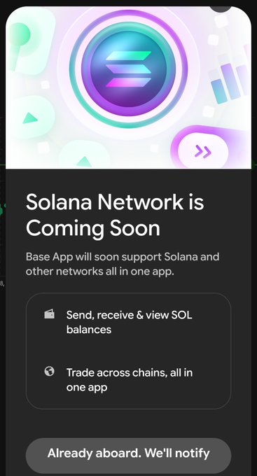 The image shows a "Solana Network is Coming Soon" announcement card from the Base App, advertising upcoming features to send, receive, and trade SOL across chains. It relates to the post by visually confirming the user's frustration—while Solana has supposedly been added to Base App for some time, the user is still seeing this "Coming Soon" message and waiting on a notification before they can access $SOL trading and meme coins.