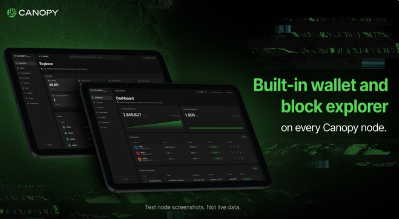 A promotional graphic for 'Canopy' shows two device screens displaying node information and a wallet interface, with the text 'Built-in wallet and block explorer on every Canopy node.'
