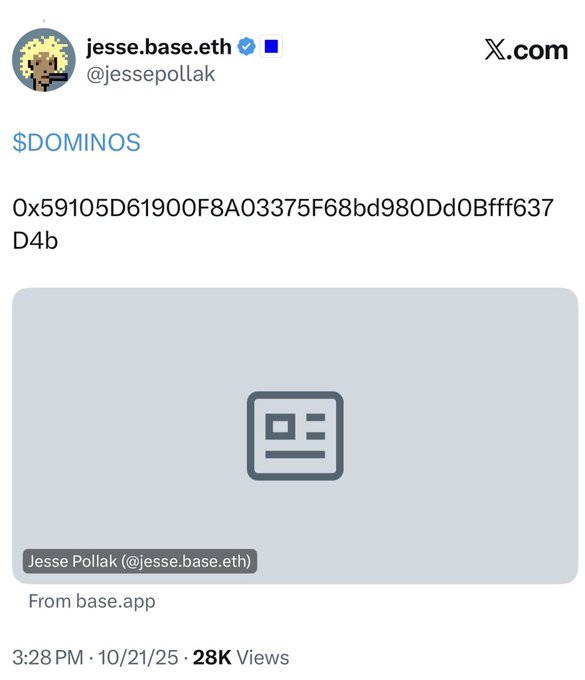 A tweet from Jesse Pollak (@jessepollak) displaying '$DOMINOS' with a contract address '0x59105D61900F8A03375F68bd980Dd0Bfff637D4b' and 28K views.