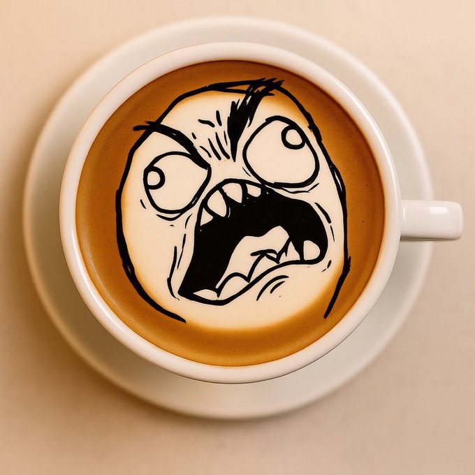 A close-up of a white coffee cup filled with a beverage featuring intricate latte art in the shape of a screaming, cartoonish face.