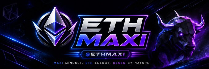A vibrant purple and blue promotional banner features a geometric Ethereum-style logo and a fierce bull alongside the bold text "ETH MAXI" and ticker "$ETHMAXI," with the tagline "MAXI MINDSET. ETH ENERGY. DEGEN BY NATURE." The image celebrates the official launch and verification of the Ethereum-themed memecoin on DexScreener.