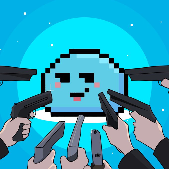 A pixelated blue meme coin mascot with blushing cheeks and a confident smile stands surrounded by multiple handguns pointed at it from all sides, symbolizing the immense skepticism and hostility the $DROP token faces. The image visually reinforces the post's message of boldly proclaiming $DROP as a future billion-dollar XRP meme coin—claiming a 385x return despite the "guns" of doubt aimed at it—embodying the rallying cry to speak the vision into reality before others believe.