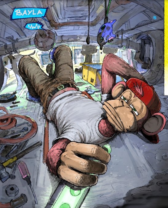 An exhausted builder lies amid the guts of a project, having poured his hands, sweat, and craft into $BAYLA—a token born not of hype, but of personal devotion by @_seacasa, contrasted here against those who might sell or betray what he built with such sacrifice.