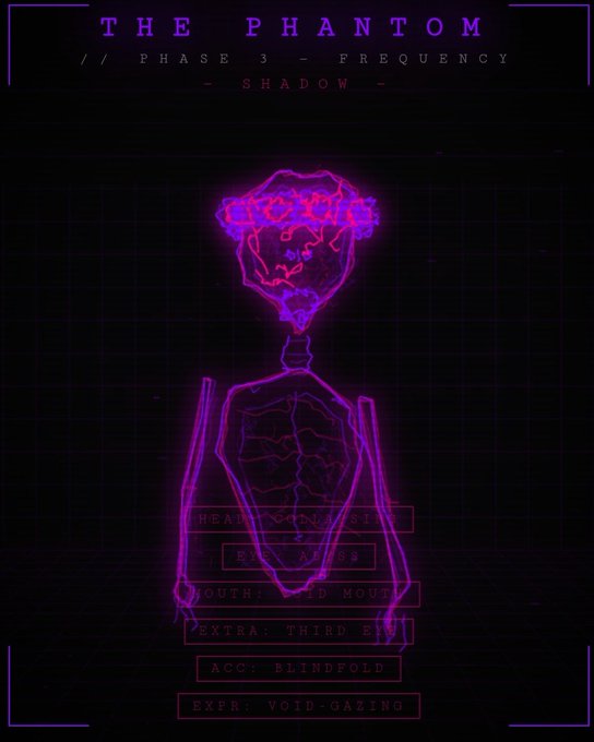 A stylized digital graphic titled "THE PHANTOM / PHASE 3 - FREQUENCY - SHADOW -" featuring a glowing pink wireframe figure with a distorted head, alongside labels like "MOUTH: RED MOUTH" and "EXPR: VOID-GAZING".