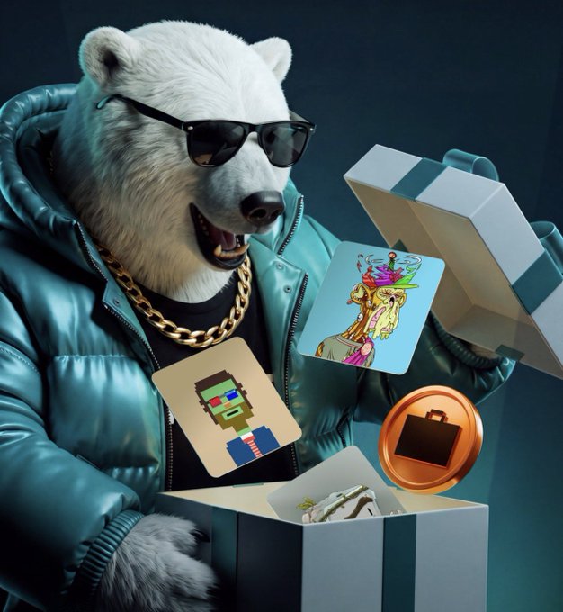 A polar bear wearing sunglasses, a gold chain, and a teal puffer jacket holds open a gift box containing various NFTs and digital art pieces.