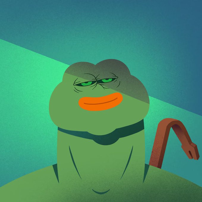 A digital illustration of a green frog-like character with a tired expression, a wide orange mouth, and holding a wooden cane against a teal background.