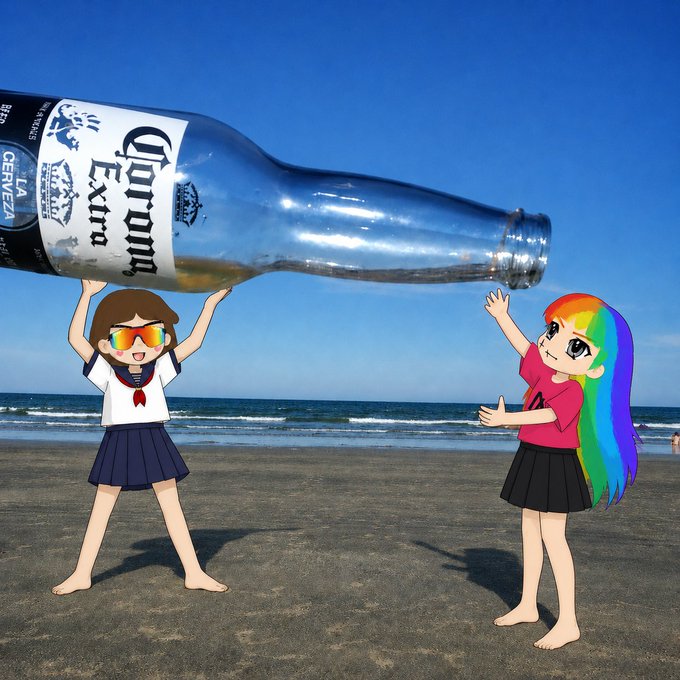 llorrae and corona extra beer bottles, with a rainbow-haired girl holding them on the beach.