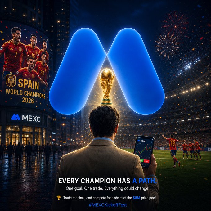 A man viewed from behind holds up a smartphone displaying the MEXC trading app, gazing at the FIFA World Cup trophy framed within the exchange's blue "M" logo, while a billboard to the left declares "SPAIN WORLD CHAMPIONS 2026" alongside "MEXC" branding, and players celebrate on the pitch below. The caption at the bottom reads "EVERY CHAMPION HAS A PATH. One goal. One trade. Everything could change," with a note to "Trade the final, and compete for a share of the $8M prize pool" and the hashtag "#MEXCKickoffFest."