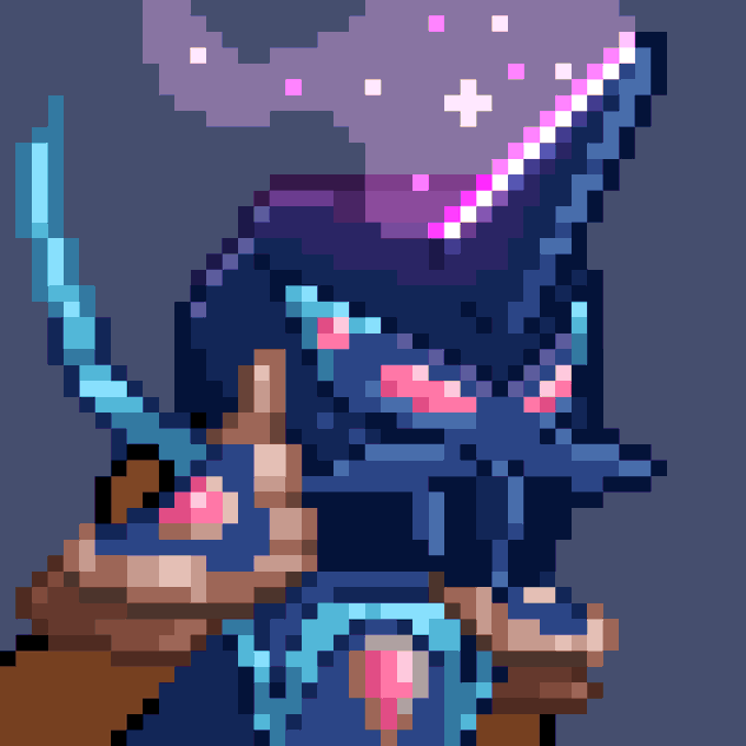A pixel art illustration of a blue-skinned character with a large purple wizard hat decorated with sparkles, wearing dark armor and holding a glowing blue sword/weapon with pink accents.