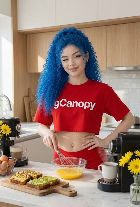 A young woman with vibrant blue curly hair and a red t-shirt reading 'gCanopy' stands in a kitchen whisking eggs in a glass bowl, surrounded by toasts with avocado, coffee, and yellow flowers.