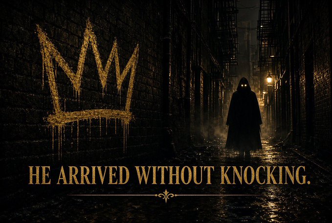 A dark, atmospheric image of a hooded figure with glowing eyes in an alleyway, next to a gold-painted crown graffiti and the text 'HE ARRIVED WITHOUT KNOCKING.'