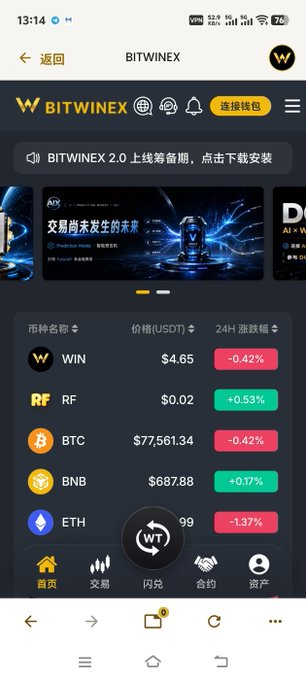 Screenshot of the BITWINEX cryptocurrency trading app showing market prices including WIN at $4.65 (-0.42%), BTC at $77,561.34 (-0.42%), and ETH at a negative value.