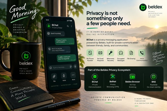 A promotional graphic for Beldex privacy infrastructure featuring BChat messaging app on a smartphone, alongside a branded mug and notebook on a desk.