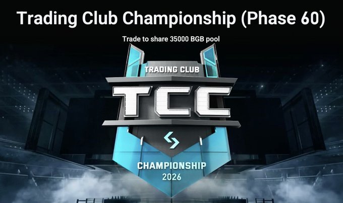 A promotional graphic for the Bitget Trading Club Championship (Phase 60) features a shield-shaped badge with "TCC TRADING CLUB CHAMPIONSHIP 2026" set against a dark stadium backdrop, advertising a 35,000 BGB trading pool. The bold visual reinforces the post's message about executing disciplined, distraction-free strategies on Bitget to compete for BGB rewards.