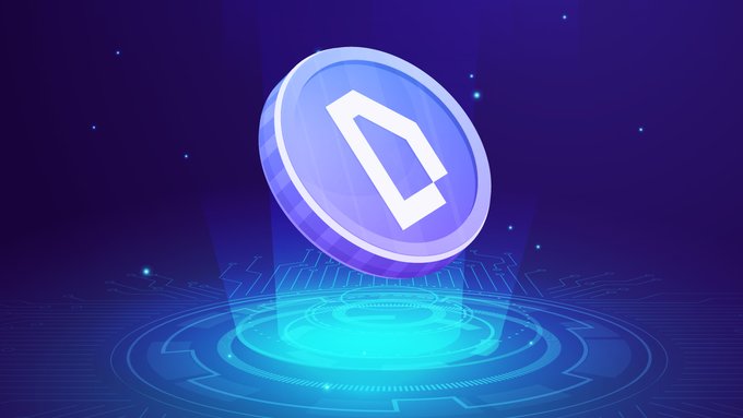 A glowing blue and purple digital coin icon floats above a futuristic circular platform against a dark blue background.