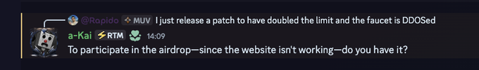 A Discord conversation shows a user (a-Kai) asking @Rapido (MUV token) about participating in an airdrop since the website is down, following a message about a patch that doubled the faucet limit being hit with DDoS. The image appears to reference the context around the airdrop discussion, highlighting the very confusion the accompanying post is trying to debunk—no actual airdrop is being offered, only a testnet for protocol experimentation.