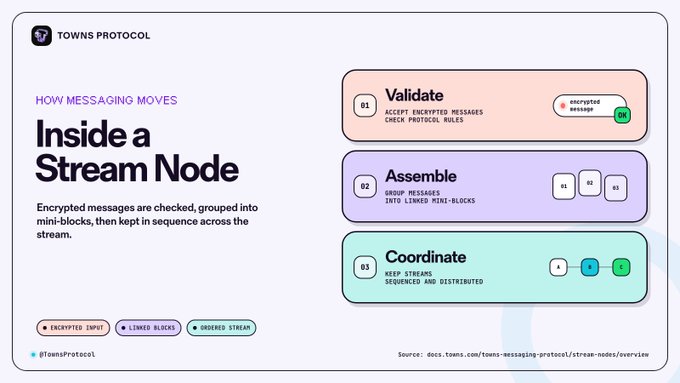 An infographic from Towns Protocol titled 'Inside a Stream Node', illustrating a three-step process for messaging: '01 Validate', '02 Assemble', and '03 Coordinate' with labels for 'ENCRYPTED INPUT', 'LINKED BLOCKS', and 'ORDERED STREAM'.