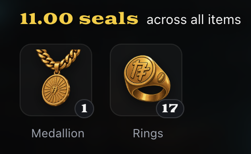Promotional graphic displaying '11.00 seals across all items' with two gold jewelry pieces: a Medallion with quantity 1 and Rings with quantity 17.