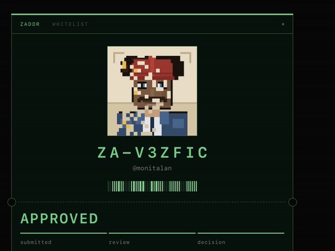 A digital whitelist approval screen displaying a pixel art avatar, the code 'ZA-V3ZFIC', the username '@monitalan', and an 'APPROVED' status with 'ZADDR WHITELIST' header.
