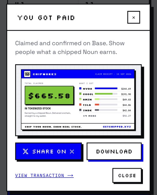 A 'YOU GOT PAID' popup from Chipworks showing a total claimed of $665.58 in tokenized stock including NVDA, GOOGL, AMZN, TSLA, and SNDK.