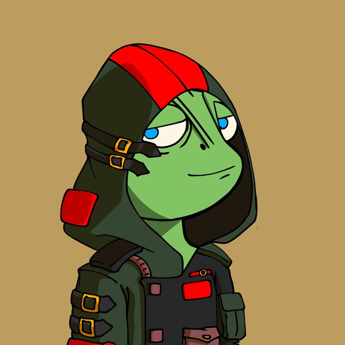 A Pepe the Frog cartoon character dressed in tactical/military gear with a green hood featuring red accents and buckled straps.