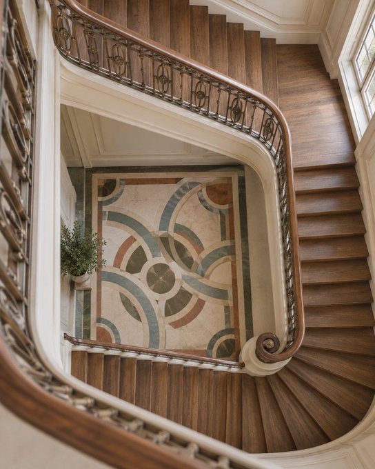 An overhead view looks down a curved wooden staircase with ornate metal railings onto a geometric tiled floor.