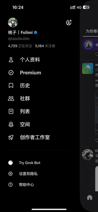 X (Twitter) mobile profile sidebar for user '桃子 | Folimi' (@taozibuilds) showing 4,729 followers and 5,184 following, with menu options in Chinese including Premium, bookmarks, and settings.