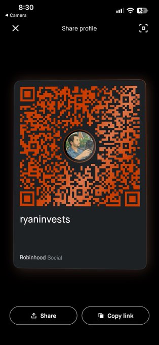 A mobile screenshot showing a 'Share profile' page for 'ryaninvests' on Robinhood Social, featuring an orange QR code with a circular profile picture in the center, and 'Share' and 'Copy link' buttons at the bottom.
