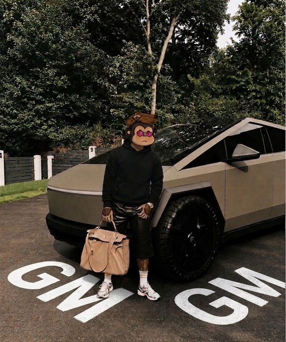 A person in a monkey mask and all-black outfit stands in front of a Tesla Cybertruck, holding a tan handbag, with 'GME' painted on the pavement.