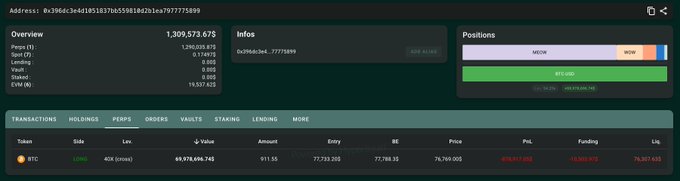 The image shows a Hyperliquid position tracker displaying a whale's 911.55 BTC long position on Metis ($MTCN) worth $69,976,696,748, with an entry price of $77,733.350 and liquidation price at $76,708.305—just $400 away from the $76,308 liquidation level mentioned in the post.