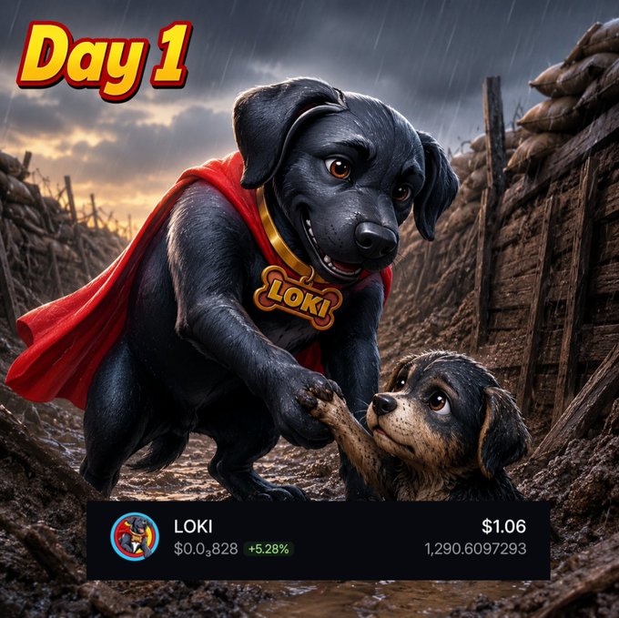 A dramatic image of a black puppy wearing a red cape and a 'LOKI' tag in a muddy trench, with 'Day 1' displayed and the token showing a price of $1.06 (+5.28%).