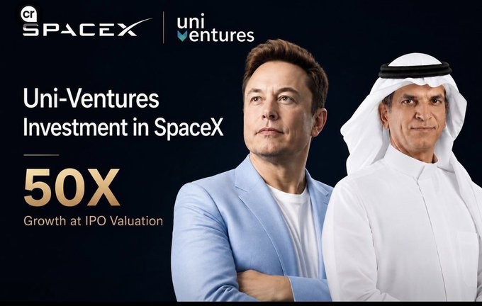 The image features two men standing next to each other against a black background. The man on the left has his arms crossed over his chest, while the man on the right wears a white hat and a blue suit. They are positioned in front of a banner that displays information about their company, Uni-ventures, and their investment in SpaceX. The text on the banner reads "Uni-ventures investing in spacex", indicating their partnership with SpaceX to invest in the company's future endeavors.