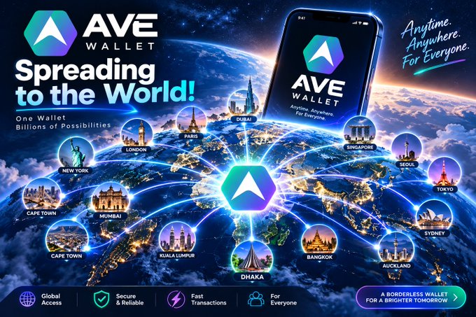 **Caption:** Promotional banner for "AVE Wallet" featuring the tagline "Spreading to the World!" and "One Wallet, Billions of Possibilities," showcasing a smartphone displaying the app connected by light rays to global landmarks including Dubai, Paris, Singapore, Tokyo, Sydney, Auckland, Bangkok, Dhaka, Kuala Lumpur, Cape Town, Mumbai, New York, London, and Seoul, with features listed as "Global Access," "Secure & Reliable," "Fast Transactions," and "For Everyone."

**Relation to the post:** The image's "Spreading to the World!" campaign with its globe-spanning network of cities visually reinforces the user's claim that AVE Wallet's international reach could enable scalable referral growth, with the "Anytime, Anywhere, For Everyone" slogan aligning with their incentive-driven user acquisition strategy.