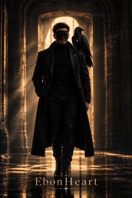 A man in a long black coat stands in a dark corridor with a raven perched on his shoulder, with the text "Ebon Heart" displayed at the bottom.