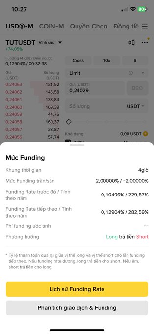 A screenshot of a cryptocurrency trading app (Binance) showing the USDT perpetual contract with a funding rate of 0.129004% and a long-pays-short direction.