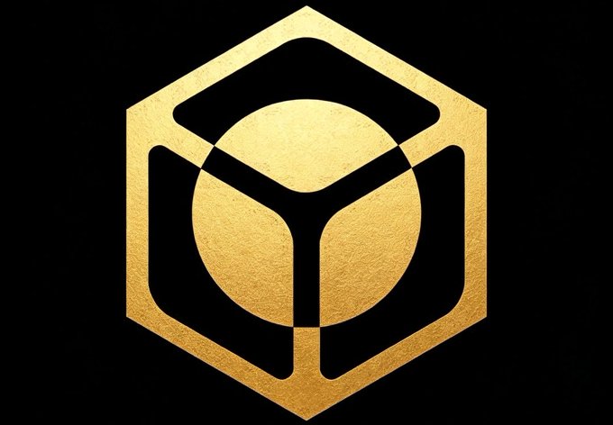 A gold geometric logo featuring a hexagonal shape containing a circular emblem with a Y-like symbol, set against a black background.